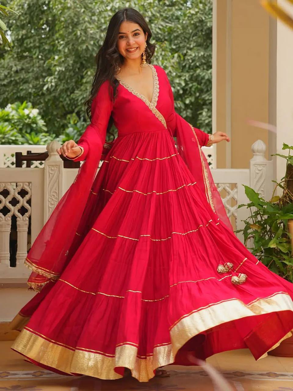RED & MAROON ANGARKHA-STYLE V-NECKLINE ANARKALI