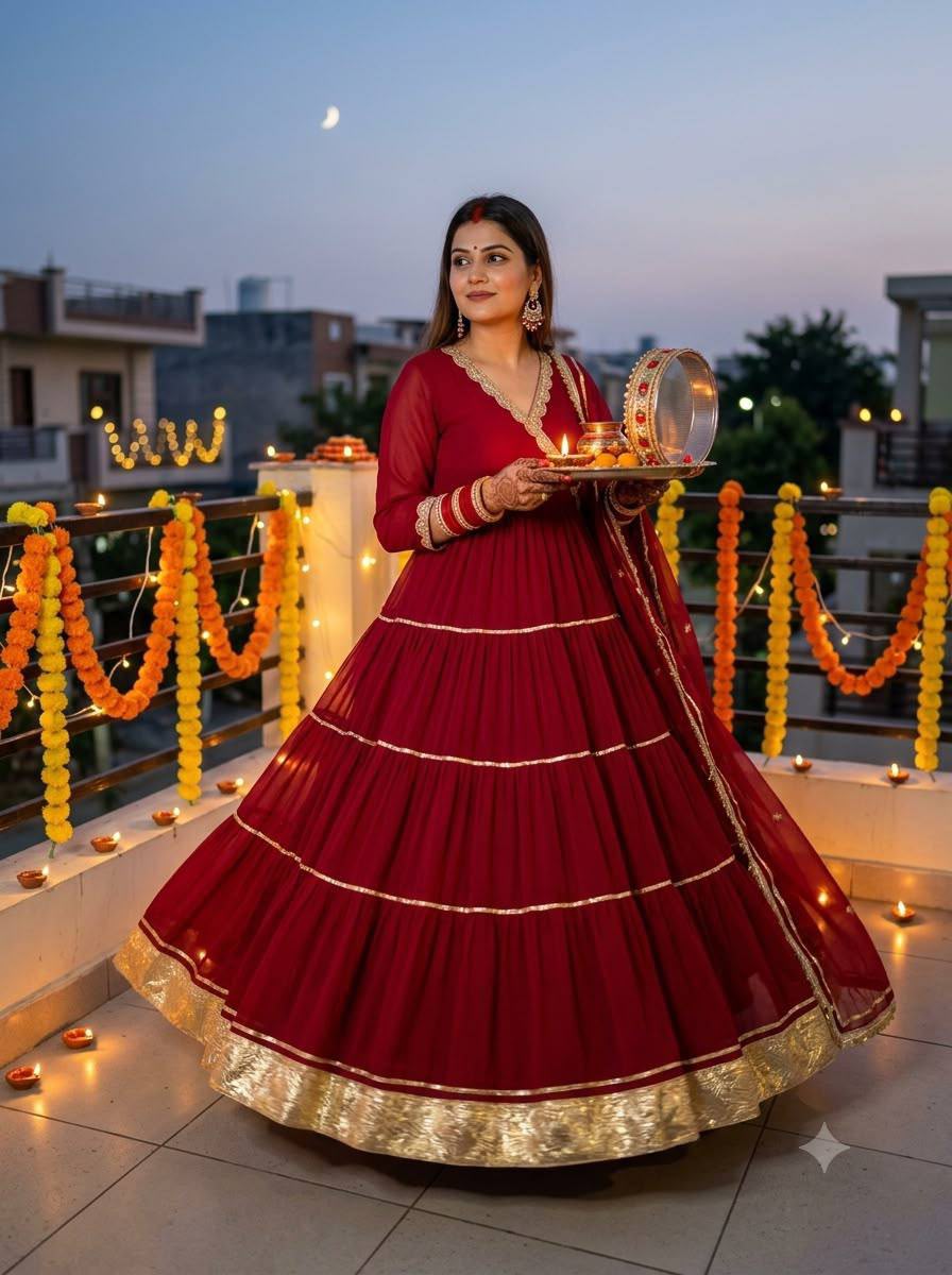 RED & MAROON ANGARKHA-STYLE V-NECKLINE ANARKALI
