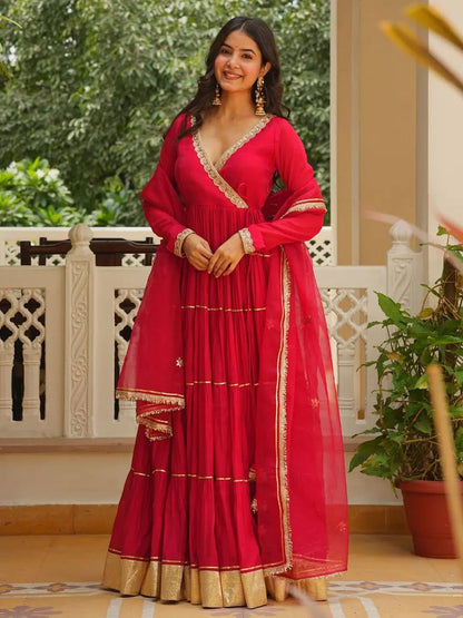 RED & MAROON ANGARKHA-STYLE V-NECKLINE ANARKALI