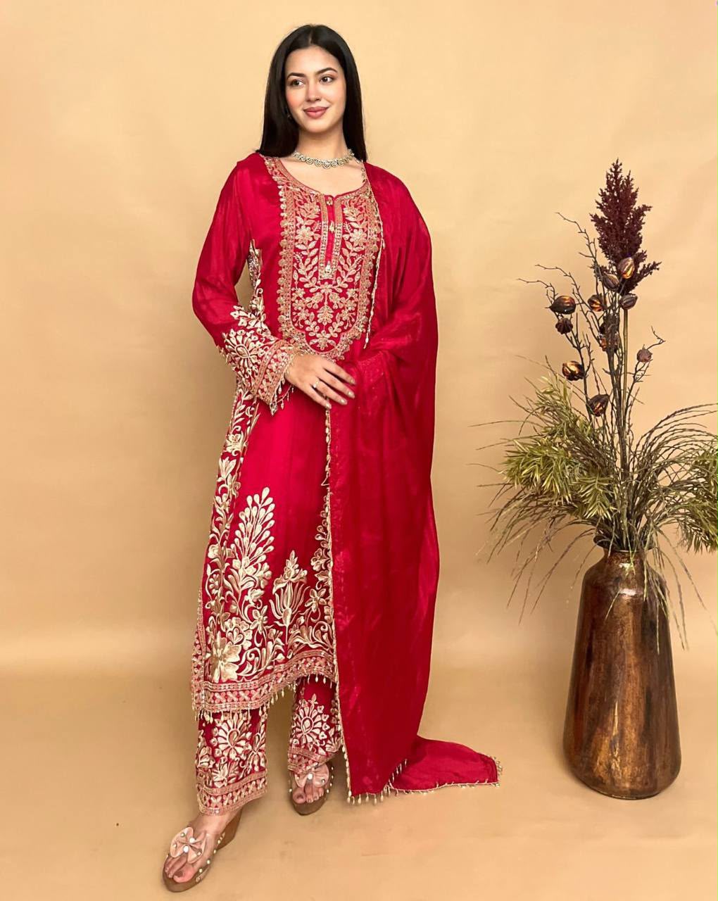 RED FAUX GEORGETTE PAKISTHANI KURTA SET