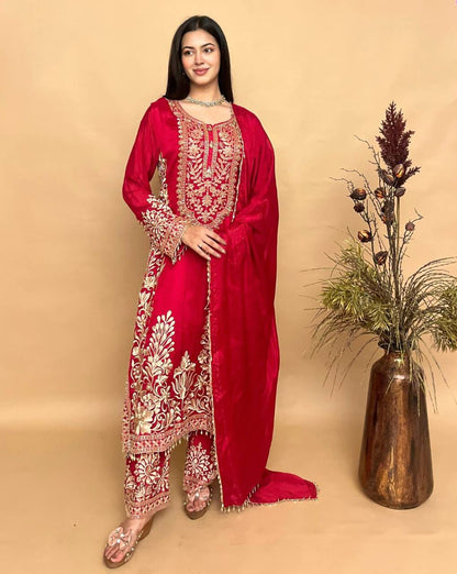 RED FAUX GEORGETTE PAKISTHANI KURTA SET