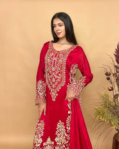 RED FAUX GEORGETTE PAKISTHANI KURTA SET