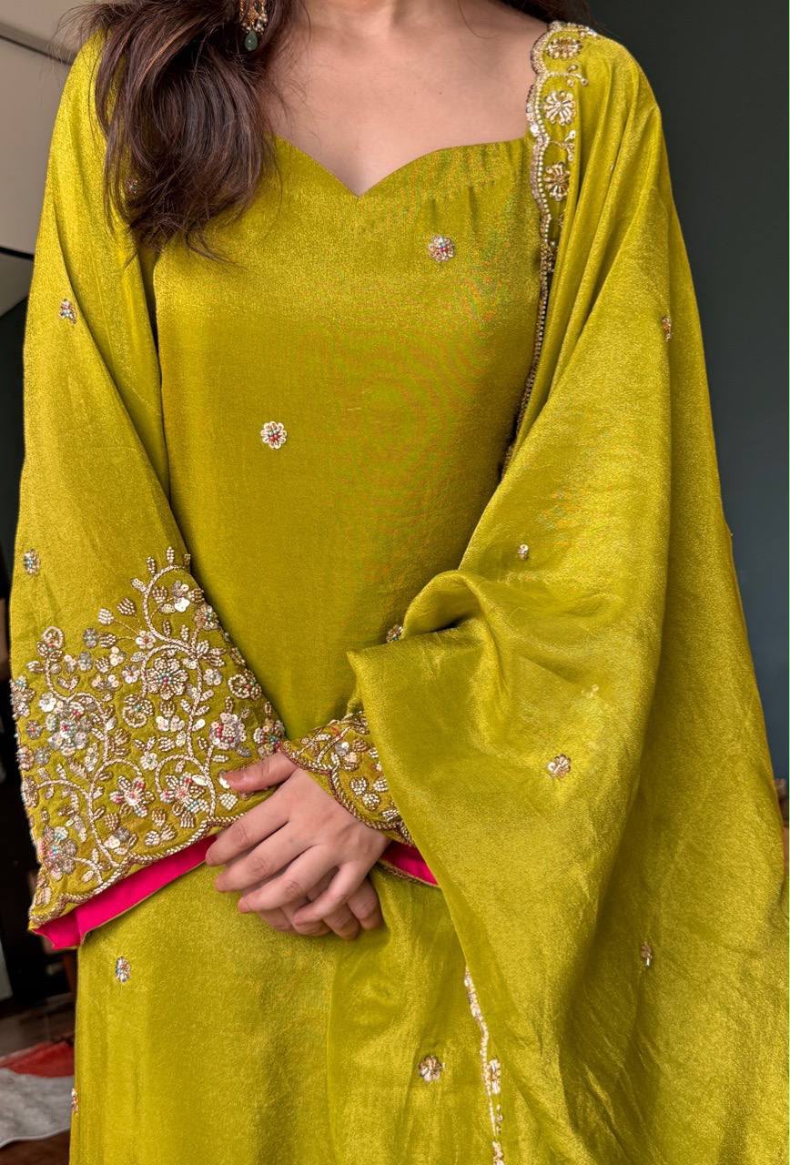 AYESHA'S MEHENDI GREEN HAND-EMBROIDERED SUIT SET