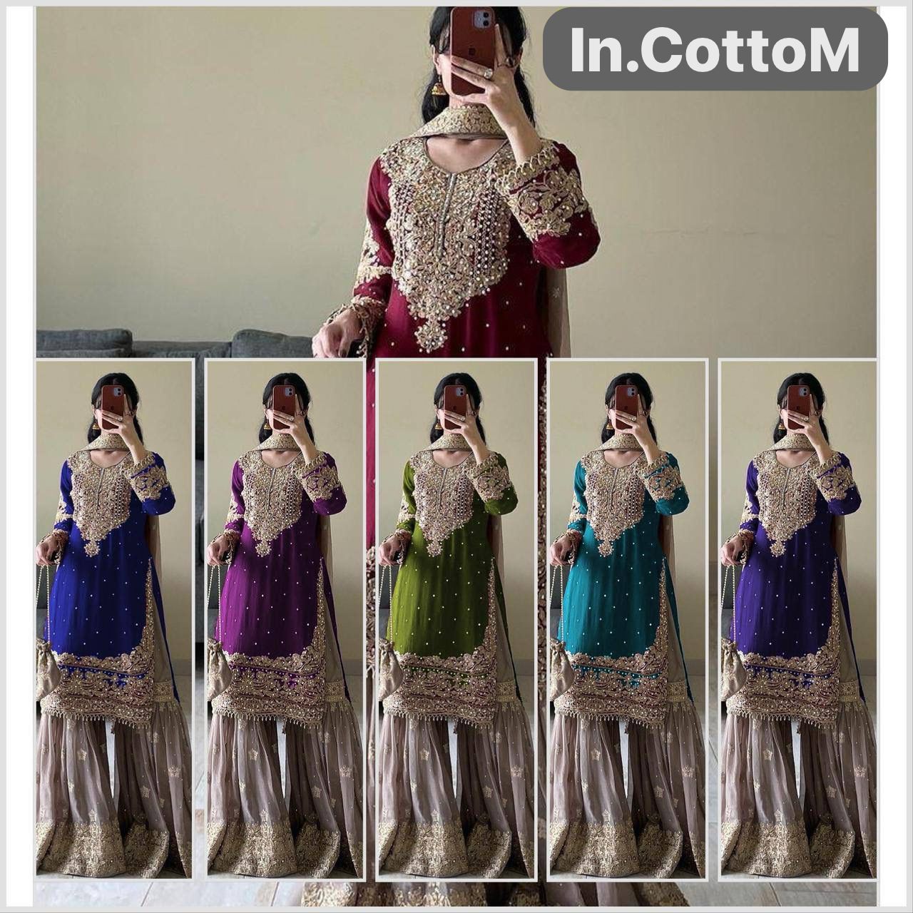 VISCOSE CHANDERI WITH EMBROIDERY CODING SEQUENCE WORK KURTI SET OF 3