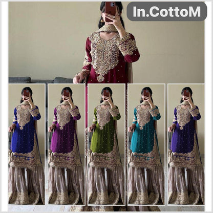 VISCOSE CHANDERI WITH EMBROIDERY CODING SEQUENCE WORK KURTI SET OF 3