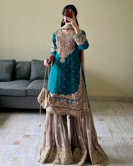 SHIMAR DESIGNER TOP PLAZZO AND DUPATTA SET OF 3 - TURQUOISE BLUE