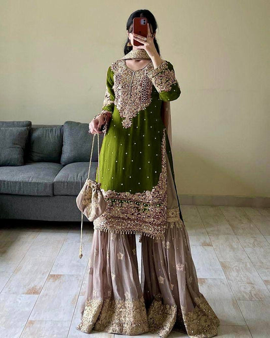 SHIMAR DESIGNER TOP PLAZZO AND DUPATTA SET OF 3 - TURQUOISE GREEN