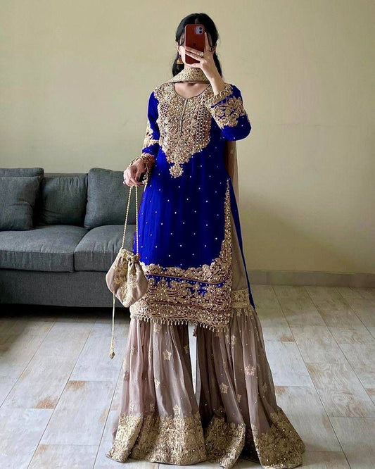 SHIMAR DESIGNER TOP PLAZZO AND DUPATTA SET OF 3 - DARK BLUE