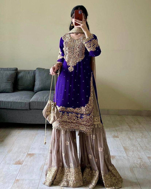SHIMAR DESIGNER TOP PLAZZO AND DUPATTA SET OF 3 - ROYAL BLUE