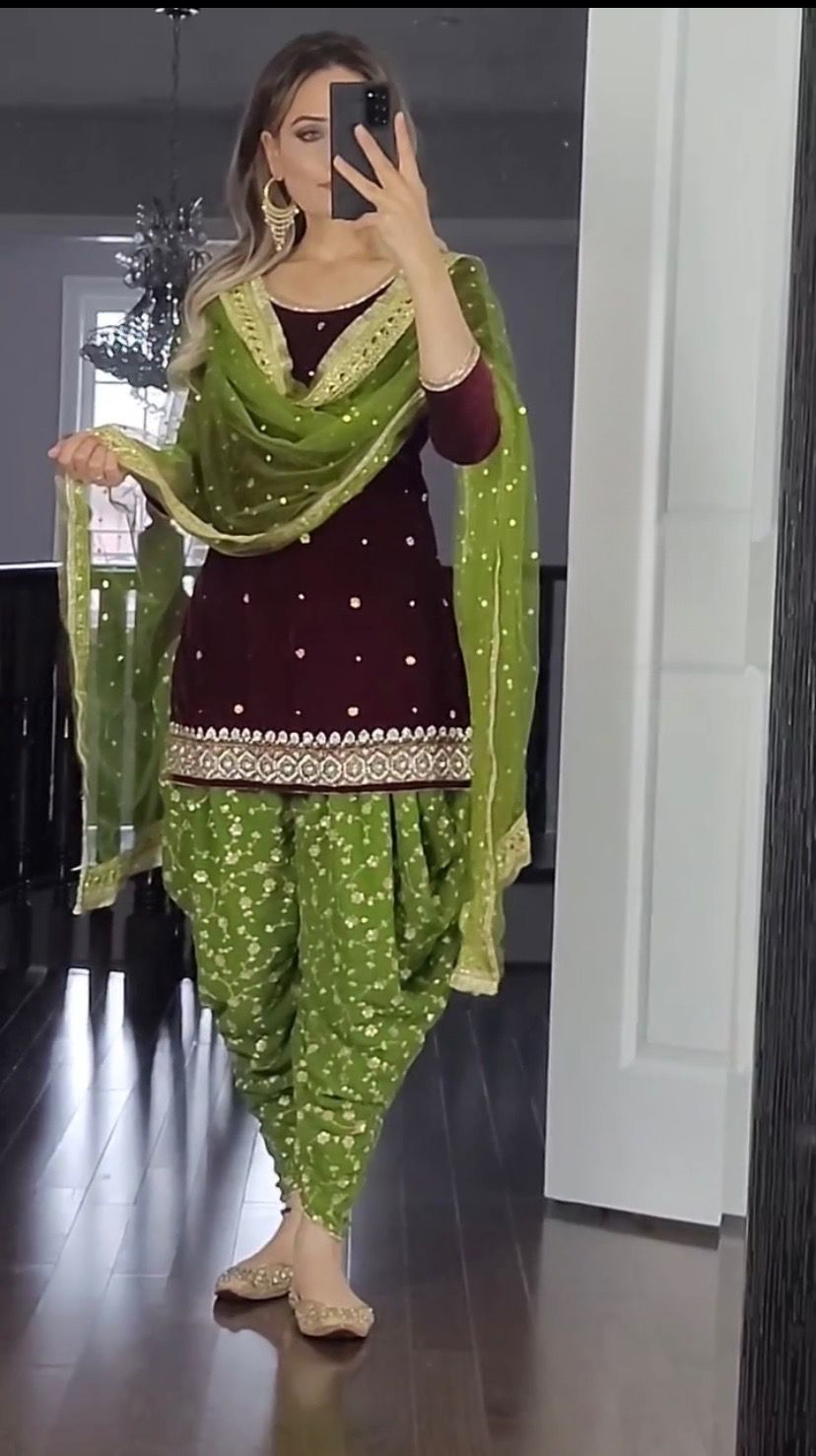 MEHENDI GREEN TOP AND DHOTI SALWAR SUIT - SET OF 3