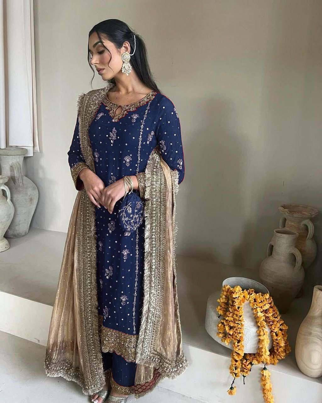 DESIRABLE FAUX GEORGETTE WITH SEQUENCE AND ORIGINAL MOTTI HANDMADE WORK KURTA AND PANT WITH DUPATTA - SET OF 3