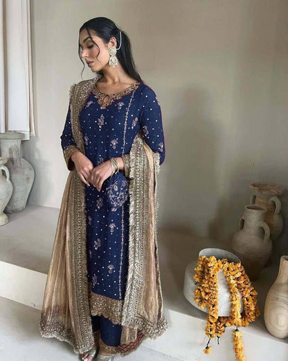 DESIRABLE FAUX GEORGETTE WITH SEQUENCE AND ORIGINAL MOTTI HANDMADE WORK KURTA AND PANT WITH DUPATTA - SET OF 3