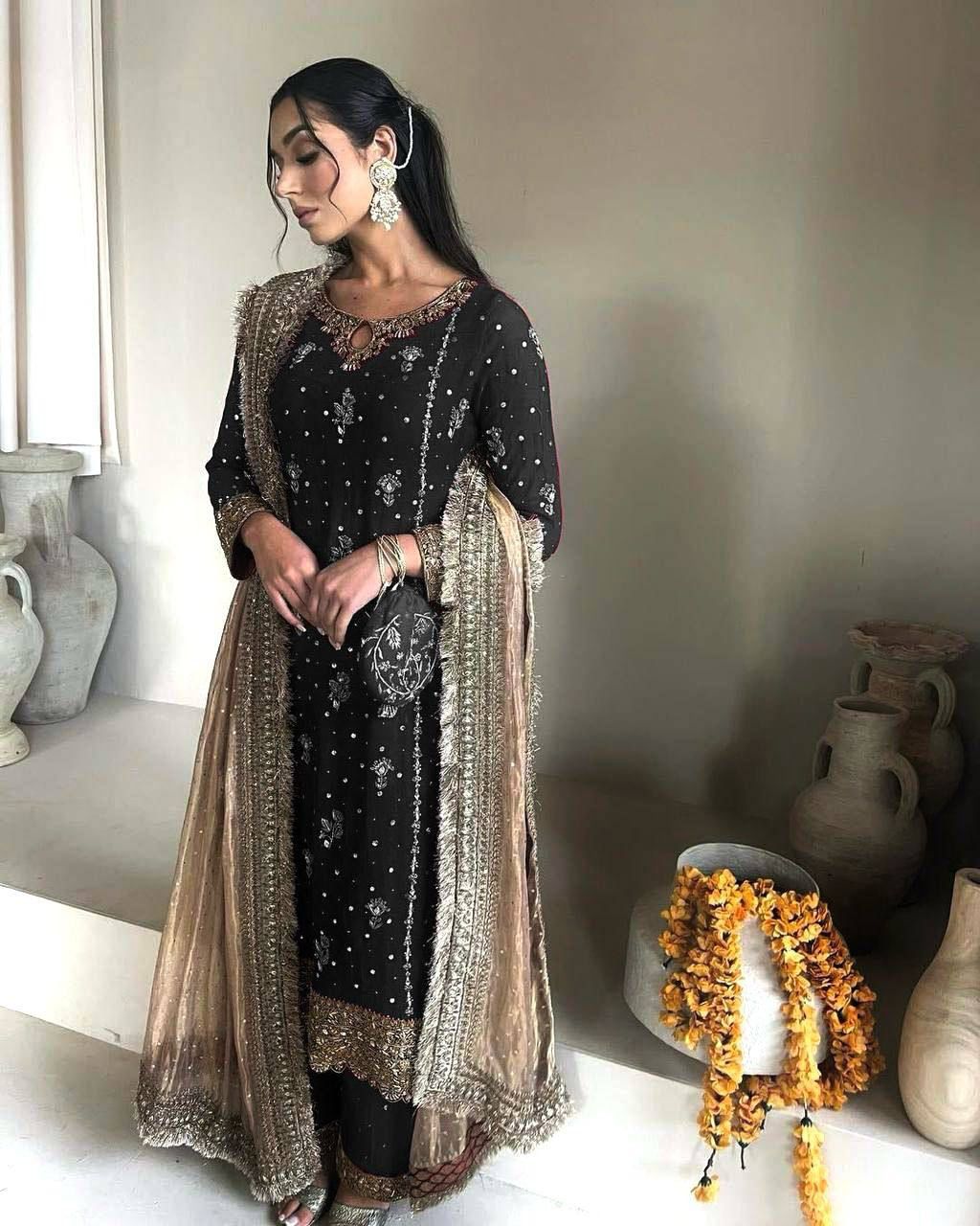 DESIRABLE FAUX GEORGETTE WITH SEQUENCE AND ORIGINAL MOTTI HANDMADE WORK KURTA AND PANT WITH DUPATTA - SET OF 3