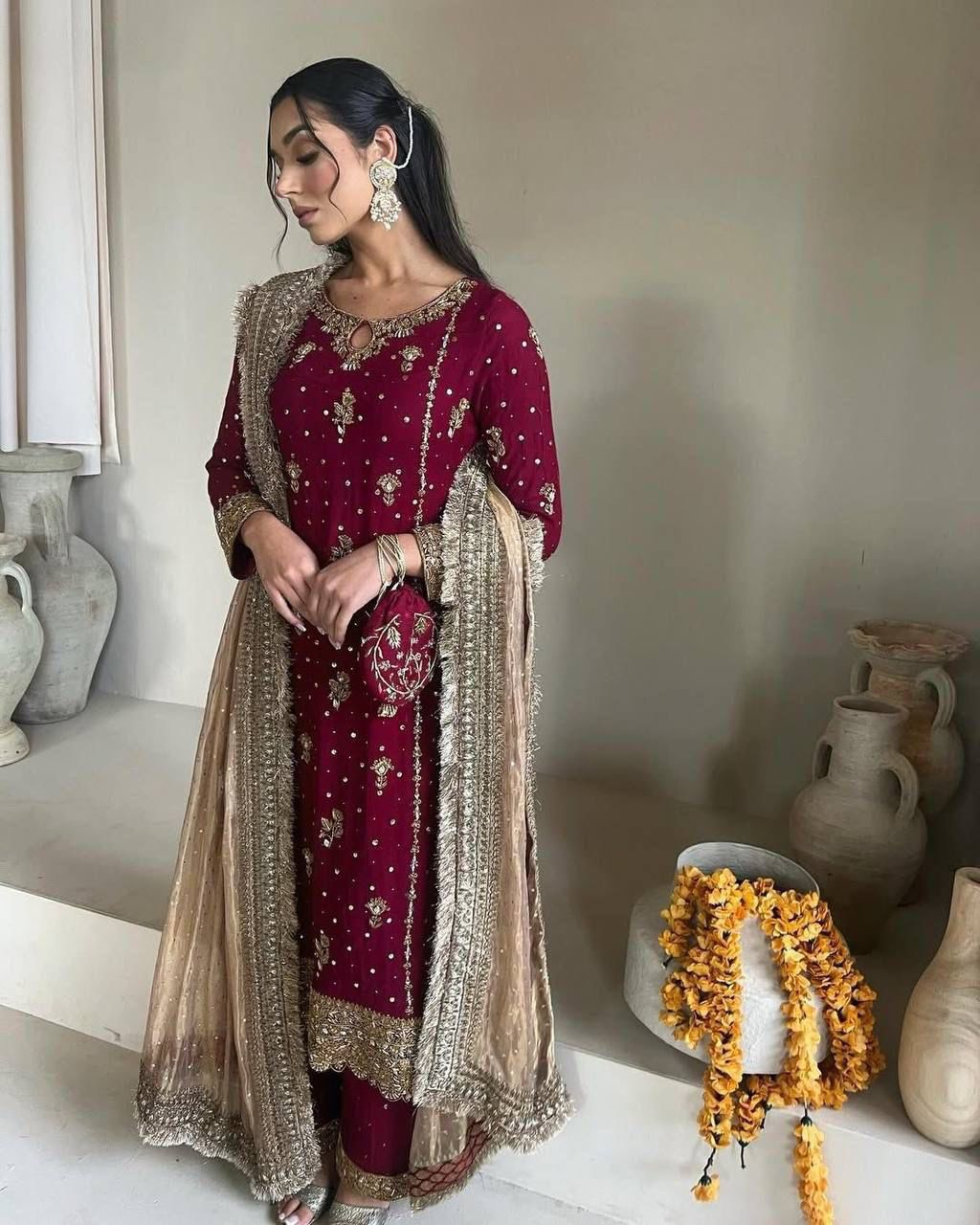 DESIRABLE FAUX GEORGETTE WITH SEQUENCE AND ORIGINAL MOTTI HANDMADE WORK KURTA AND PANT WITH DUPATTA - SET OF 3