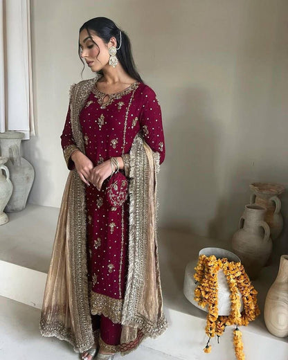 DESIRABLE FAUX GEORGETTE WITH SEQUENCE AND ORIGINAL MOTTI HANDMADE WORK KURTA AND PANT WITH DUPATTA - SET OF 3