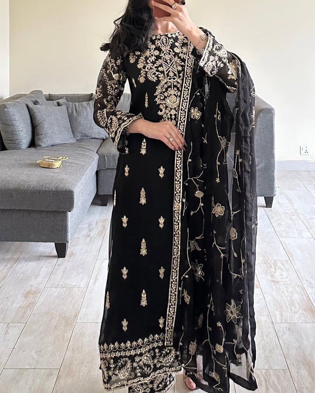 GEORGETTE BLACK KURTA SET WITH SEQUENCE WORK