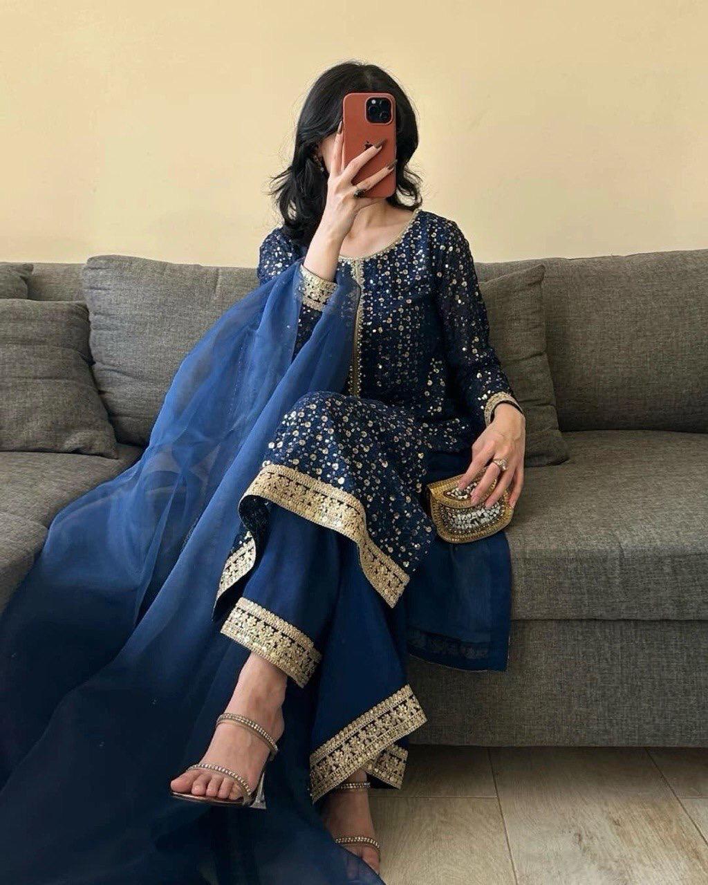 BLUISH FLORISH DRESS IN GEORGETTE - SET OF 3 - BLUE