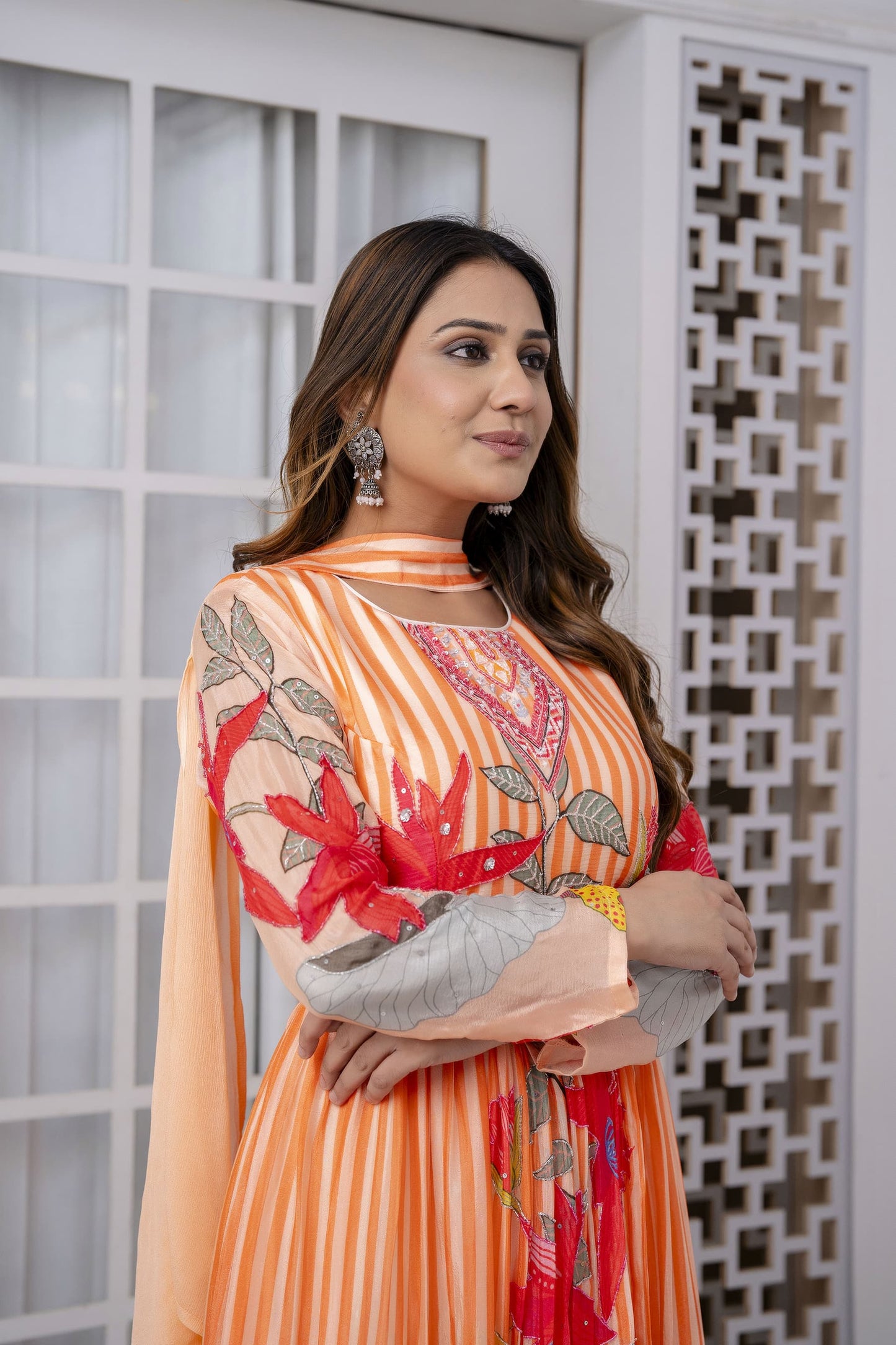 ORANGE PREMIUM CHINNON BEAUTIFUL DIGITAL PRINT PRINTED GOWN
