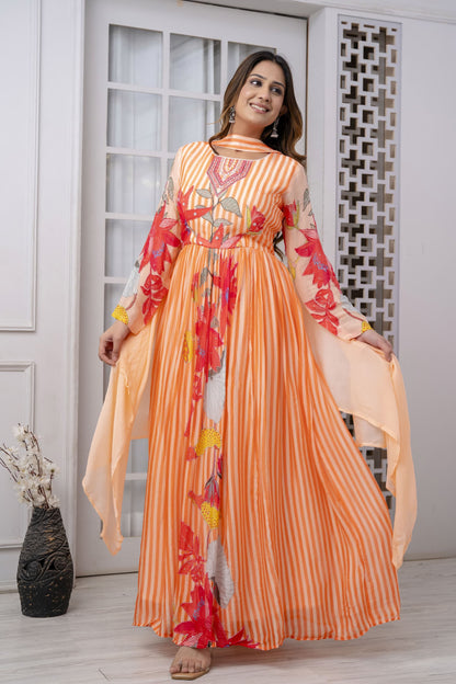 ORANGE PREMIUM CHINNON BEAUTIFUL DIGITAL PRINT PRINTED GOWN