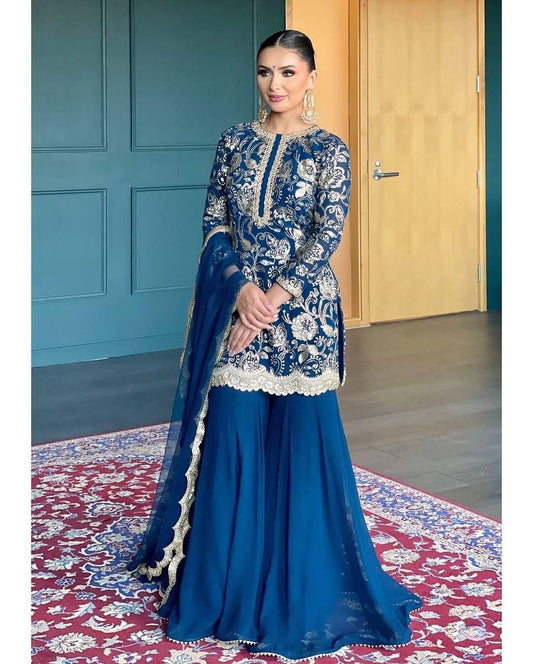 BLUISH SHARARA KURTA SET - (SET OF 3)