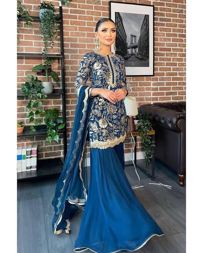 BLUISH SHARARA KURTA SET - (SET OF 3)