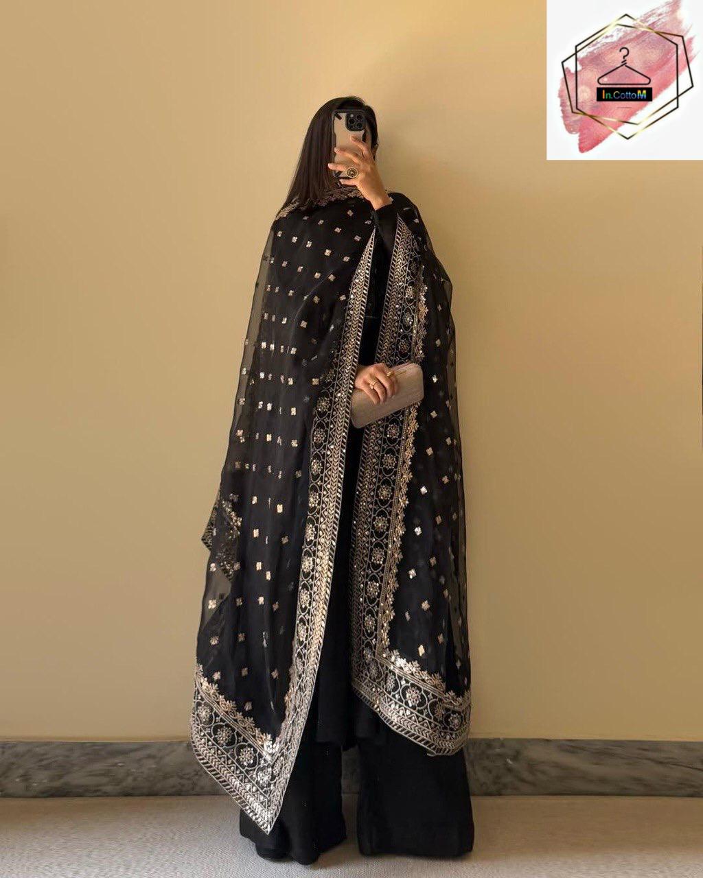 BLACK CHINON SILK ANARKALI KURTA SET