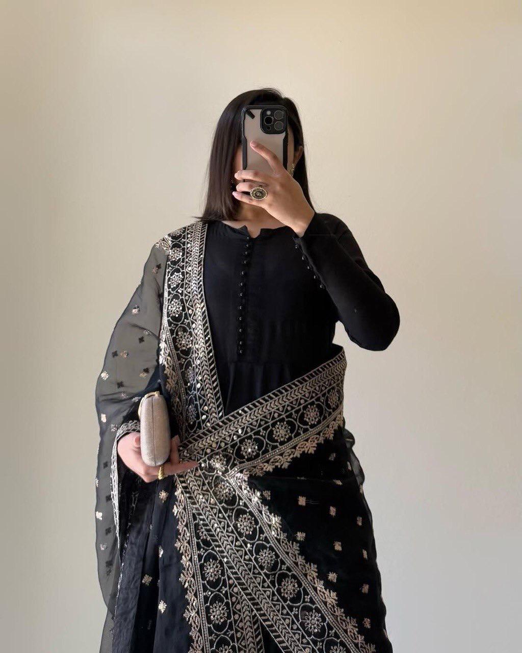 BLACK CHINON SILK ANARKALI KURTA SET
