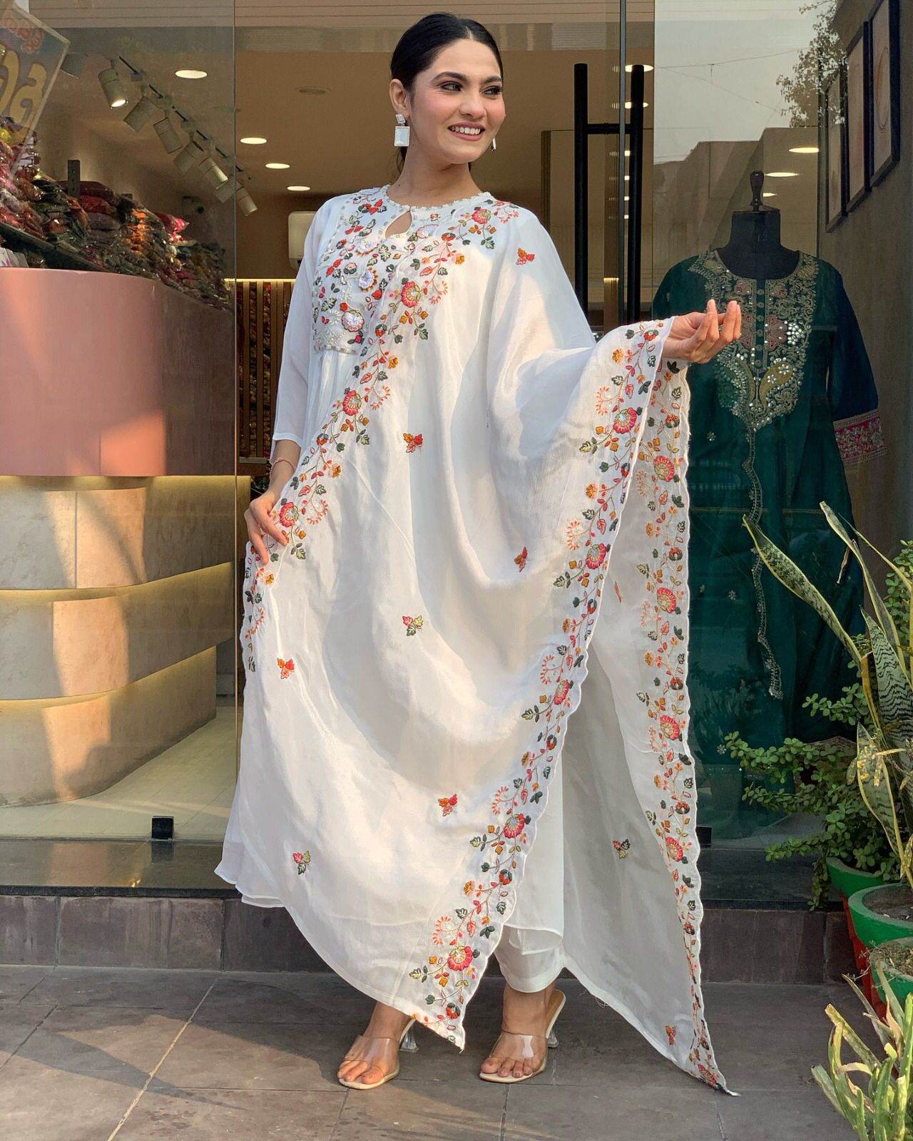 CHINON FABRIC WHITE ANARKALI SET - (SET OF 3)