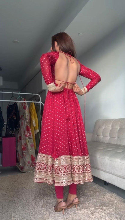 RED GEORGETTE  ANARKALI SET WITH SEQUENCE WORK (SET OF 3)