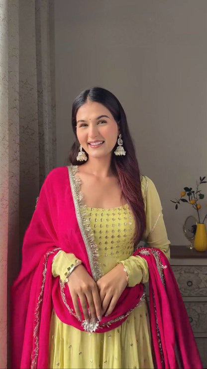 Bright Yellow GEORGETTE ANARKALI SUIT SET