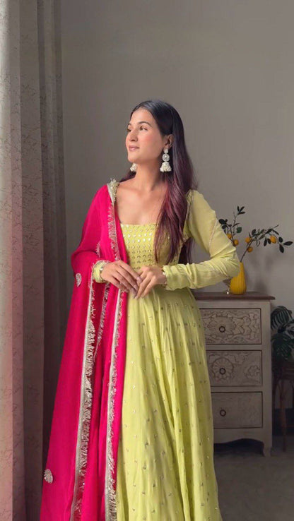 Bright Yellow GEORGETTE ANARKALI SUIT SET