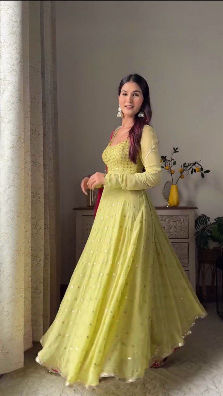 Bright Yellow GEORGETTE ANARKALI SUIT SET