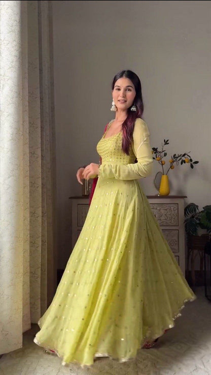 Bright Yellow GEORGETTE ANARKALI SUIT SET