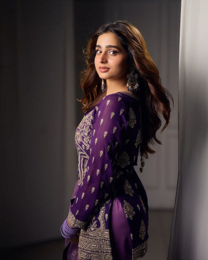 ROYAL PURPLE EMBROIDERY SHARARA SUIT SET IN FAUX GEORGETTE SEQUENCE WORK