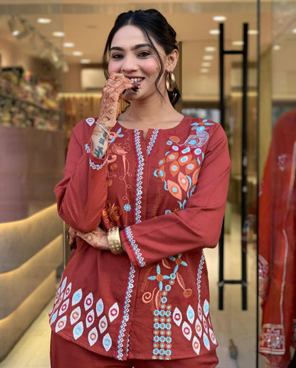 RUST PREMIUM COTTON CO-ORD SET WITH  EMBROIDERY WORK