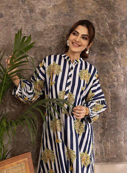 STYLISH BLUE AND WHITE PALM HAZEL KURTA SET