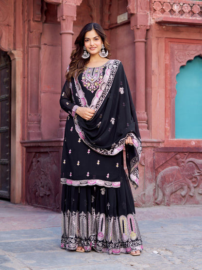 FAUX GEORGETTE SHARARA SUIT SET WITH THREAD SEQUENCE WORK