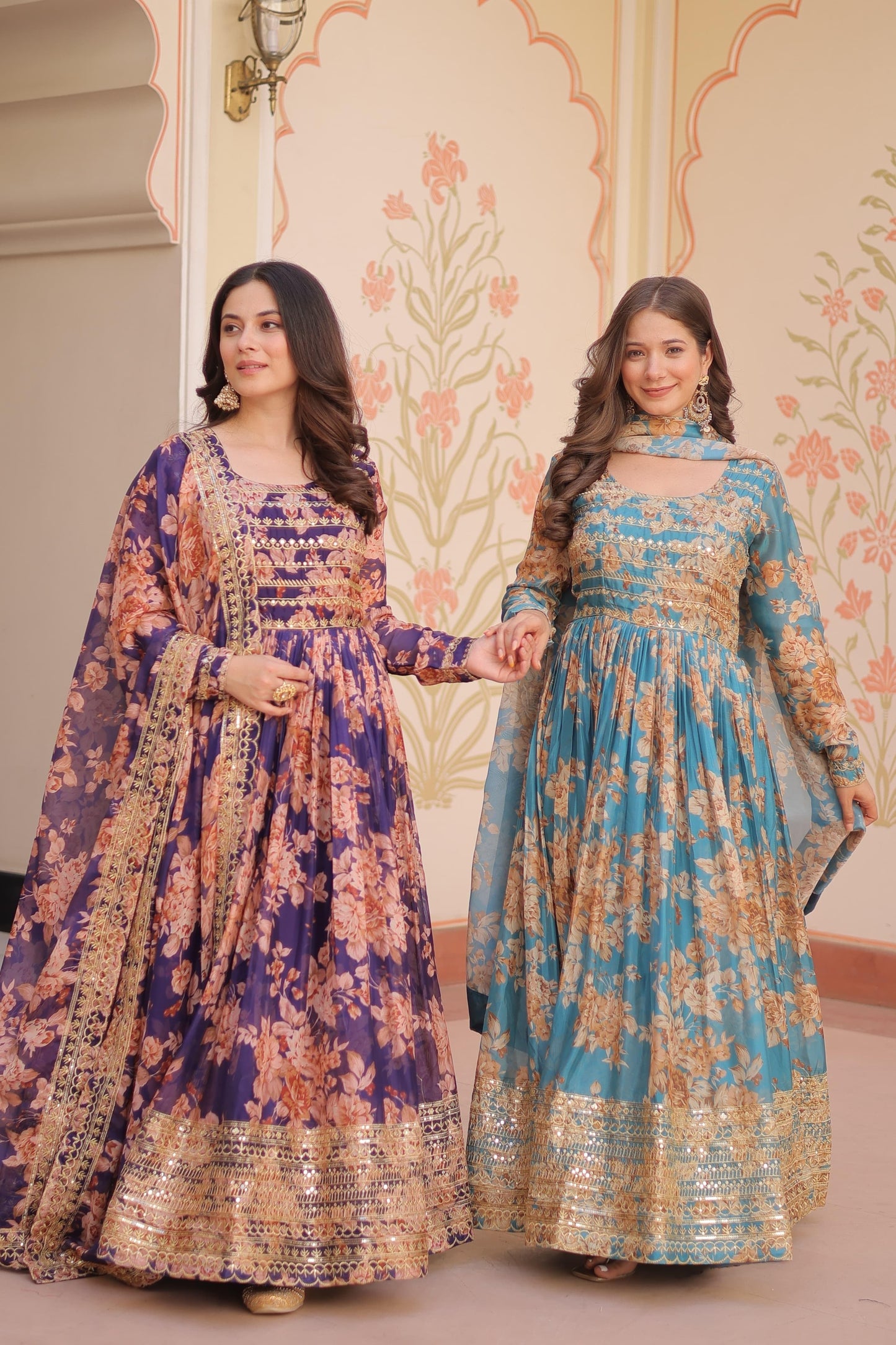 DAZZLING DESIGNER RUSSIAN SILK DIGITAL PRINT GOWN WITH EMBROIDERY SEQUENCE WORK