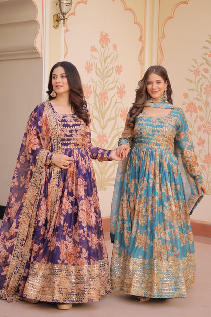 DAZZLING DESIGNER RUSSIAN SILK DIGITAL PRINT GOWN WITH EMBROIDERY SEQUENCE WORK