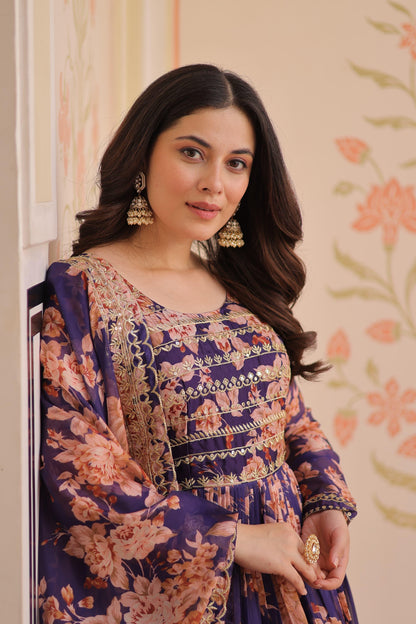 DAZZLING DESIGNER RUSSIAN SILK DIGITAL PRINT GOWN WITH EMBROIDERY SEQUENCE WORK