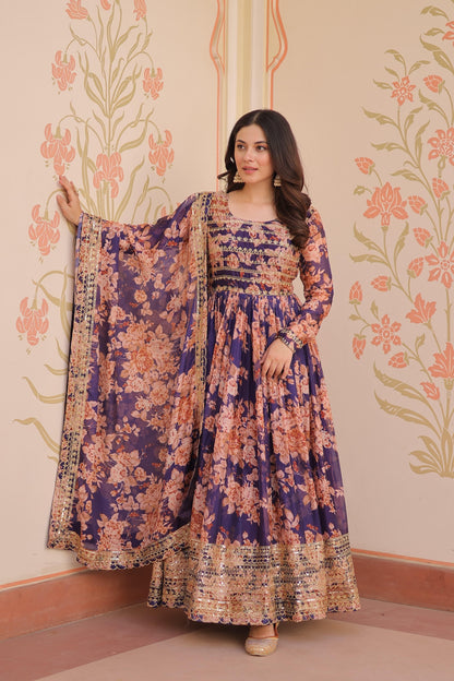 DAZZLING DESIGNER RUSSIAN SILK DIGITAL PRINT GOWN WITH EMBROIDERY SEQUENCE WORK