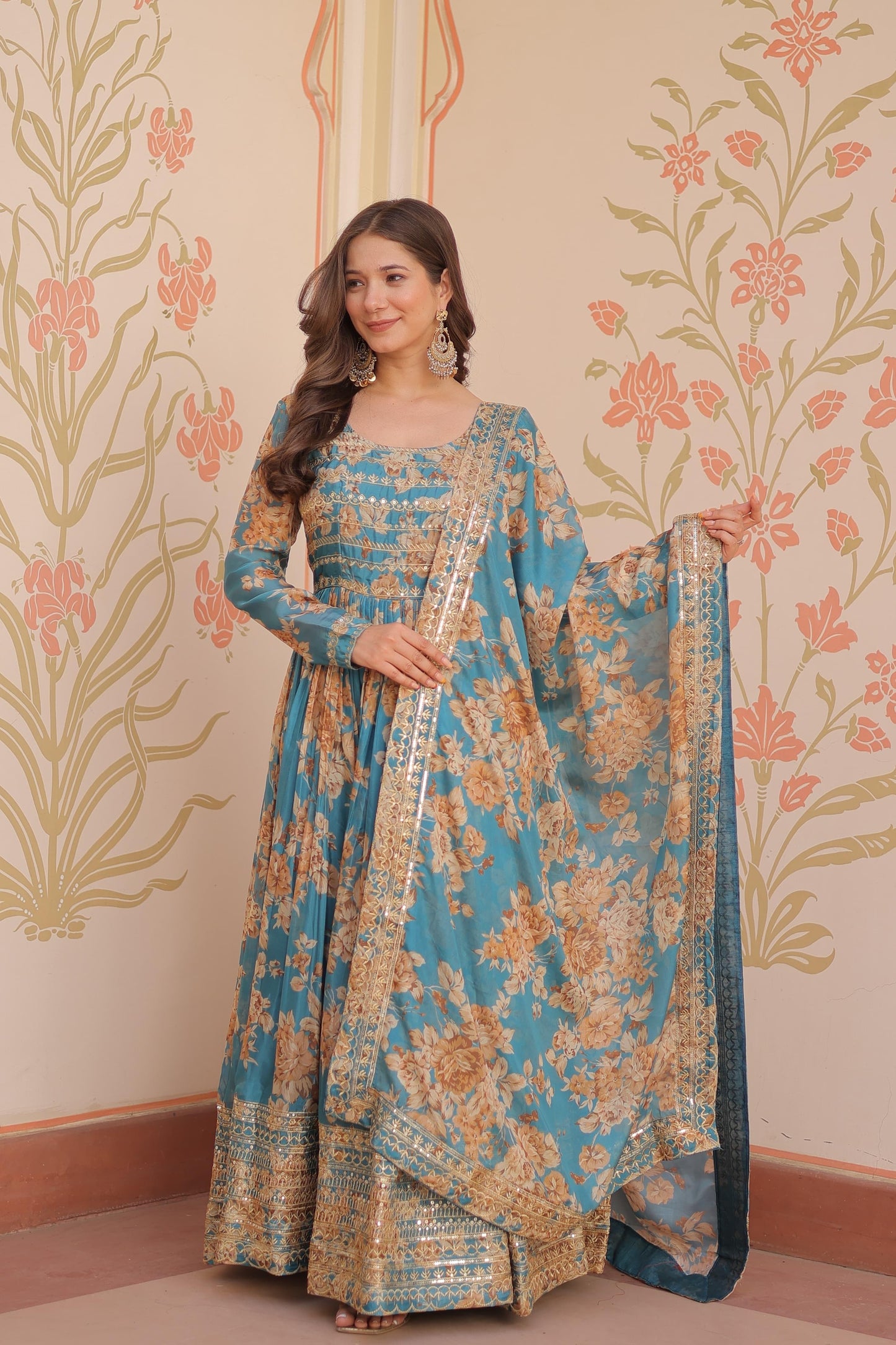 DAZZLING DESIGNER RUSSIAN SILK DIGITAL PRINT GOWN WITH EMBROIDERY SEQUENCE WORK