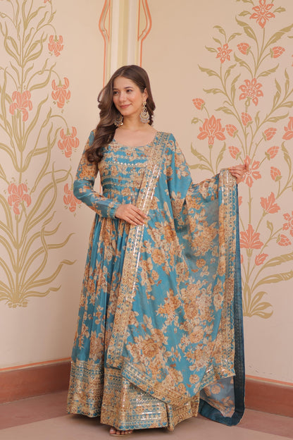 DAZZLING DESIGNER RUSSIAN SILK DIGITAL PRINT GOWN WITH EMBROIDERY SEQUENCE WORK