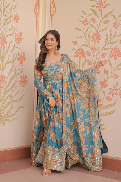 DAZZLING DESIGNER RUSSIAN SILK DIGITAL PRINT GOWN WITH EMBROIDERY SEQUENCE WORK