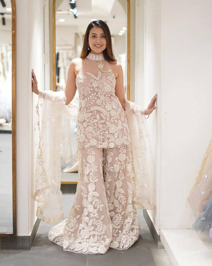 HALTER NECK KURTA AND PLAZZO SET WITH DUPATTA (3 New Colors added for Wedding and Occasion)