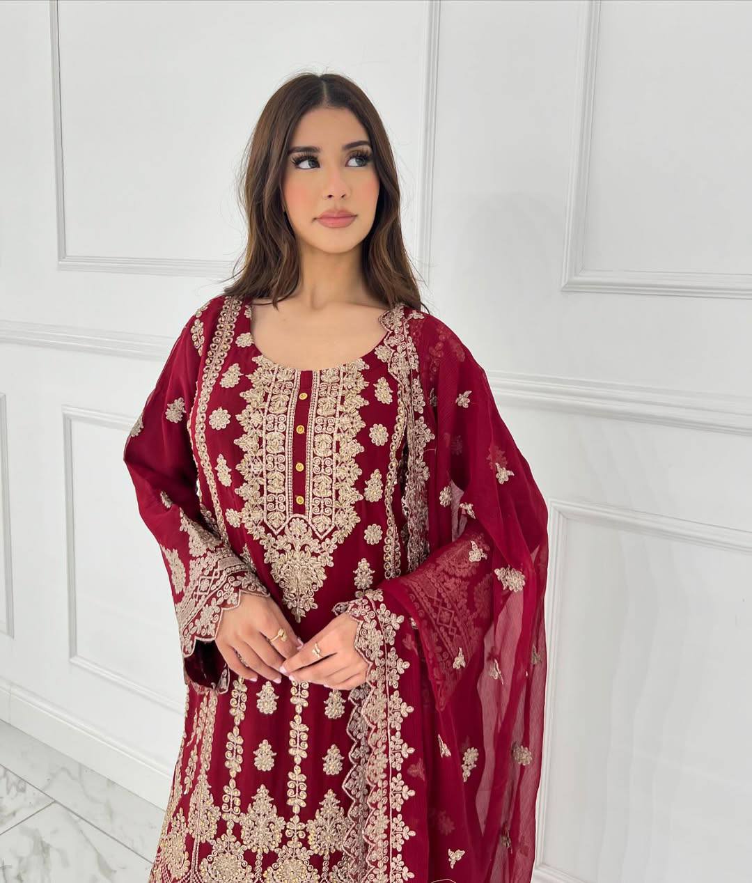 SCARLET FAUX GEORGETTE SUIT SET WITH HEAVY SEQUENCE WORK