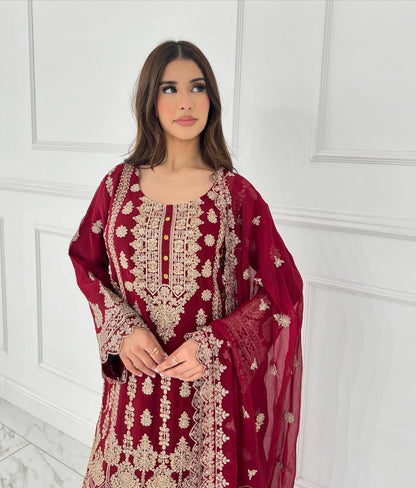 SCARLET FAUX GEORGETTE SUIT SET WITH HEAVY SEQUENCE WORK