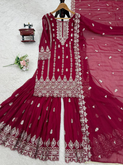 SCARLET FAUX GEORGETTE SUIT SET WITH HEAVY SEQUENCE WORK
