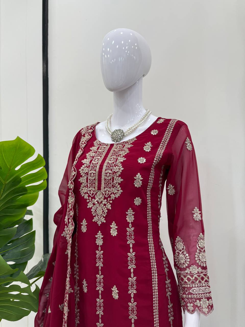 SCARLET FAUX GEORGETTE SUIT SET WITH HEAVY SEQUENCE WORK