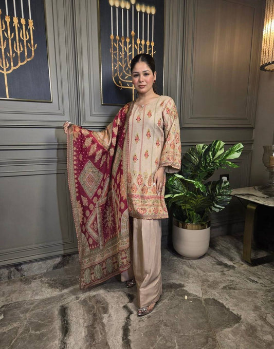 STUNNING DIGITAL PRINT 3 PIECE SUIT SET CRAFTED WITH REAL MIRROR HAND WORK